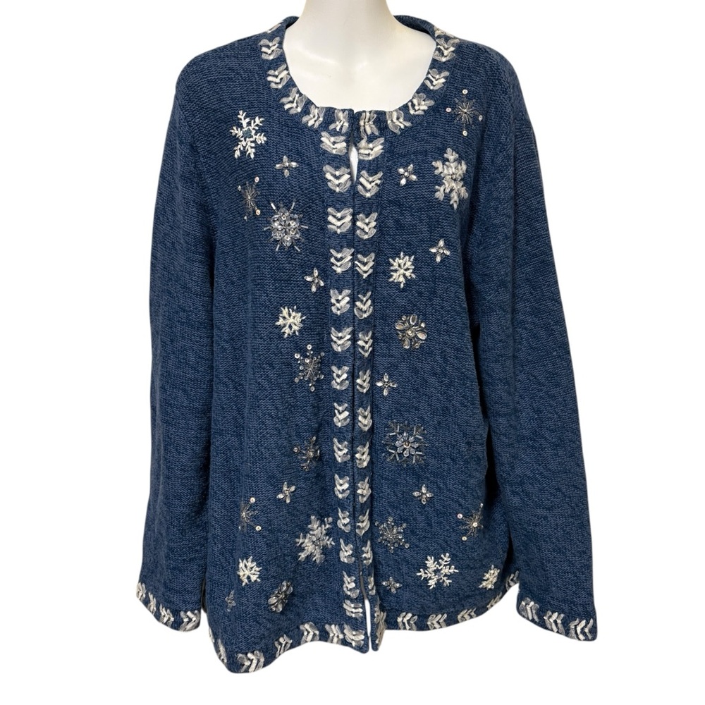 Vintage Mercer Street Studio Embellished Snowflake Blue Cardigan Sweater
